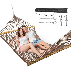 Mastgoal Double Hammock for 2 Person, Handwoven Cotton Rope Hammock with Spreader Bar Without Stand - 1 of 4