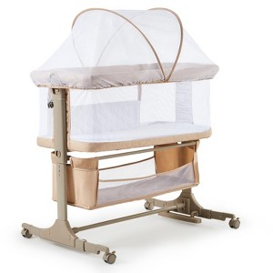 3 in 1 Bedside Sleeper with Baby Co-Sleeper Travel Crib with Detachable Mosquito Net & Storage Basket | Adjustable Height, Wheels Included - 1 of 4