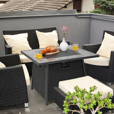 35" Black Marble and Rattan Gas Fire Pit Table