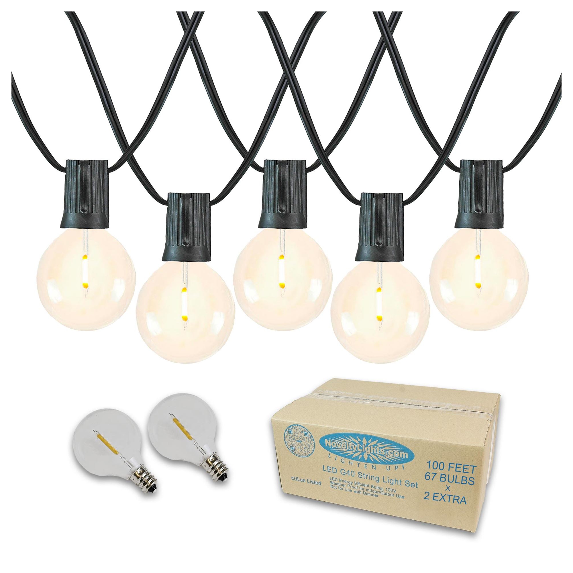 Novelty Lights 100 Feet G40 LED Patio String Light Set with 67 Bulbs, Warm White, Weather Resistant Shatterproof Replaceable Globe Bulbs, Black Wire