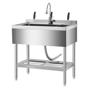 Stainless Steel Utility Sink with Faucet, Single Bowl Kitchen Sink with Adjustable Legs, Storage Shelf,S-Hooks & Hot Cold Water Pipes,Laundry,Garage - 1 of 4
