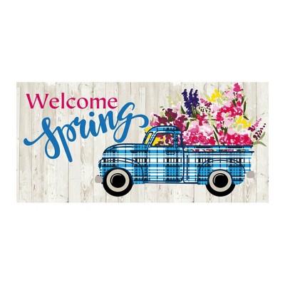 Evergreen Welcome Spring Plaid Truck Sassafras Switch Mat