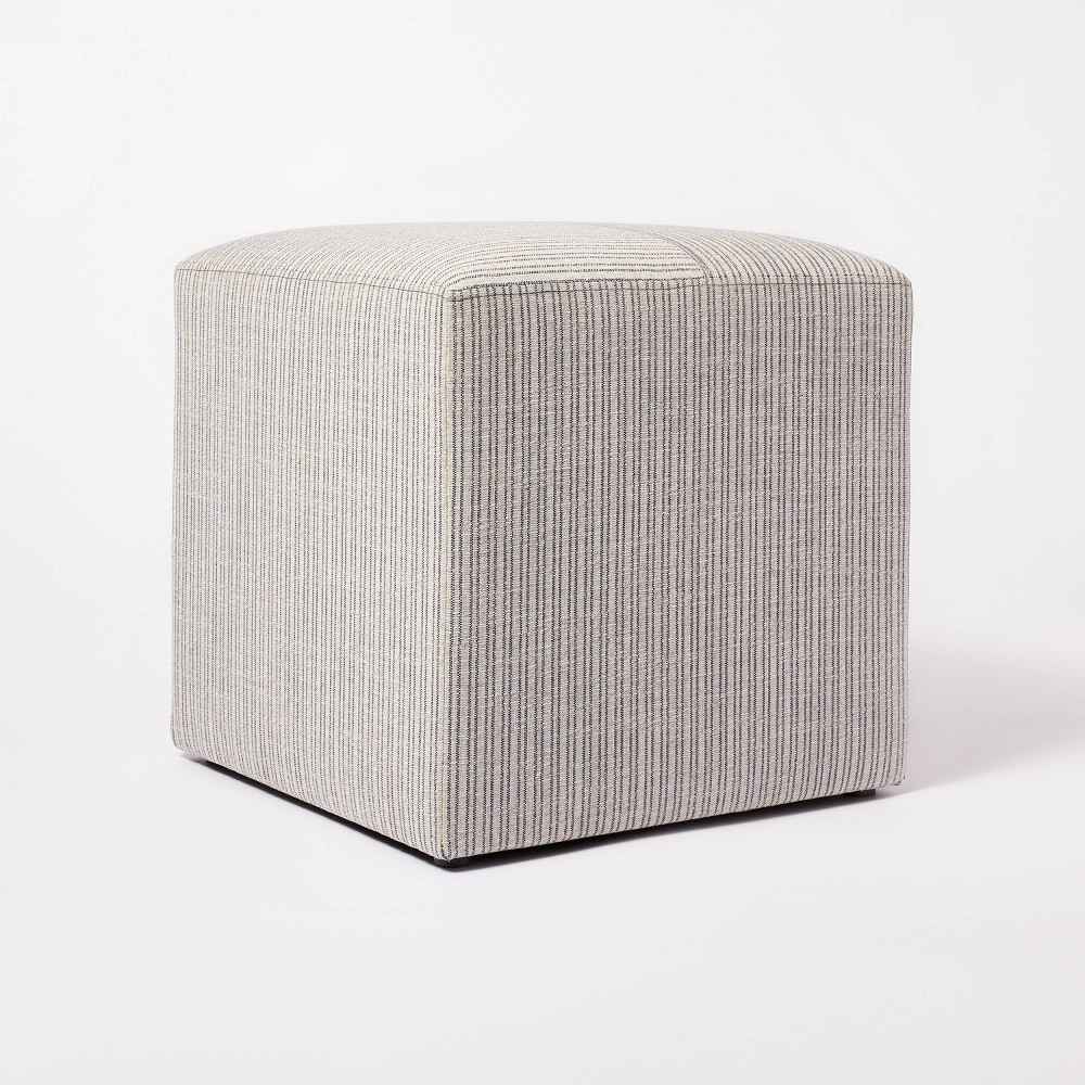 Lynwood Square Upholstered Cube Ottoman Tan/Navy Stripe - Threshold™ designed with Studio McGee: Polyester, Plywood Frame, No Assembly Required