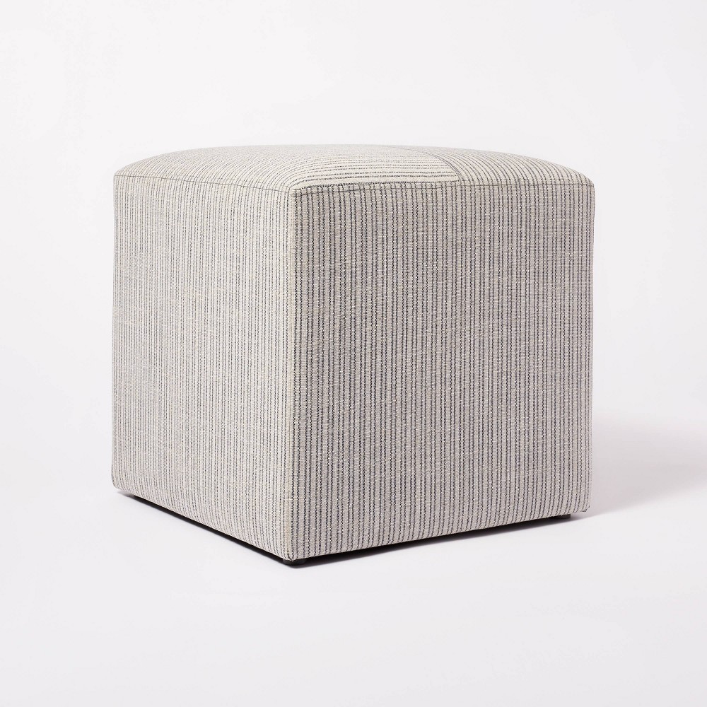 Photos - Pouffe / Bench Lynwood Square Upholstered Cube Ottoman Tan/Navy Stripe - Threshold™ designed with Studio McGee: Polyester, Plywood Frame, N