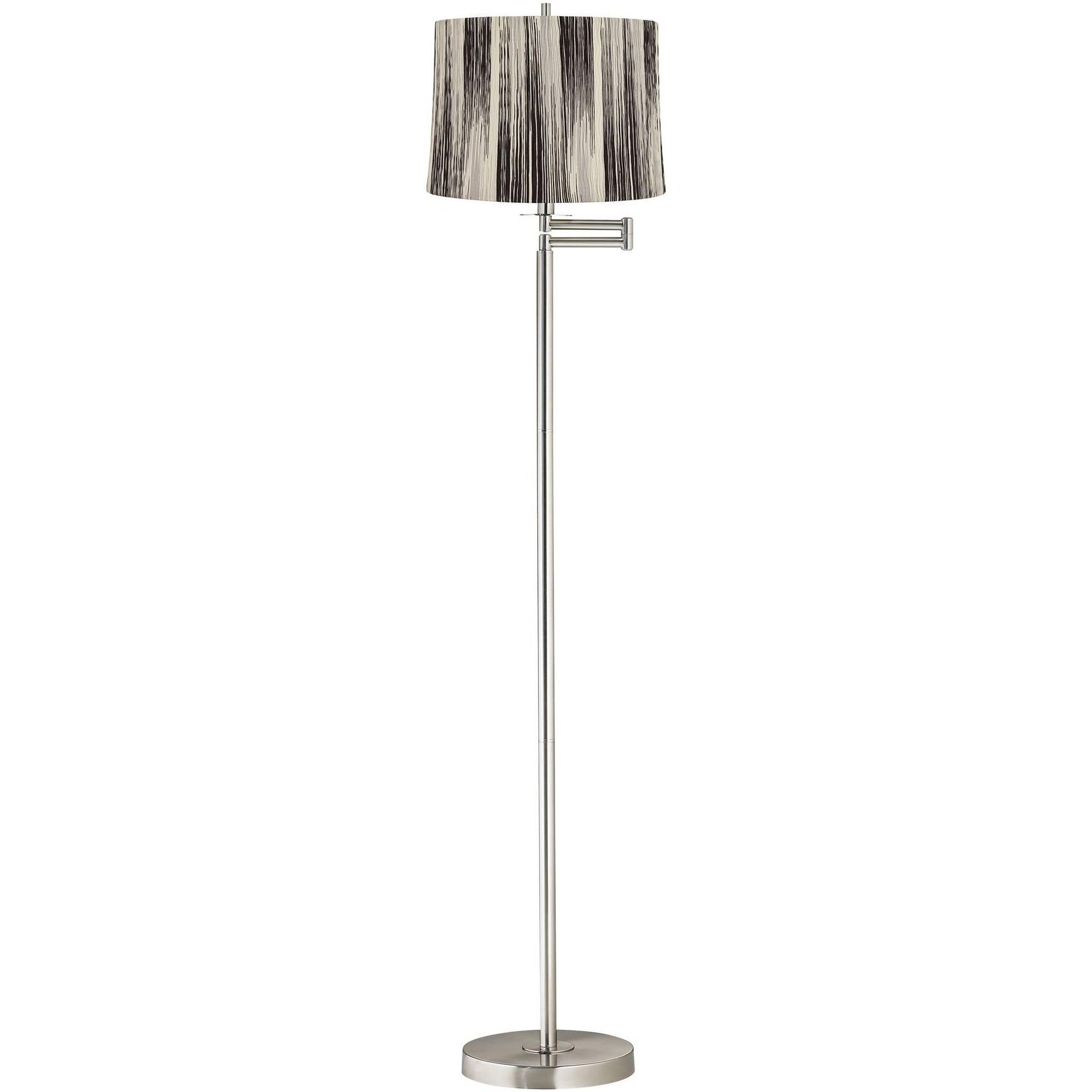 360 Lighting Druckman Modern 60 1/2" Tall Standing Floor Lamp Skinny Adjustable Swing Arm Silver Metal Brushed Nickel Finish Drum Black Stripe Shade