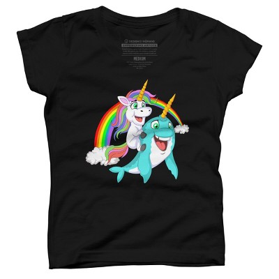 Girl's Design By Humans Rainbow Unicorn and Narwhal Horn Friends By ZeusSE T-Shirt