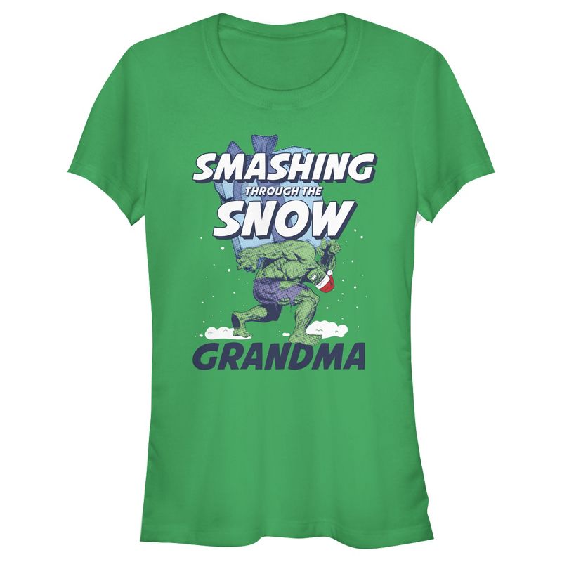 Juniors Womens Marvel Christmas Hulk Grandma Snow T-Shirt, 1 of 4