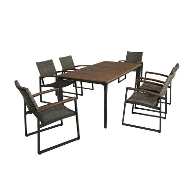 Christopher Knight Home Westcott Outdoor Wicker and Aluminum 7 Piece Dining Set with Wood Tabletop, Gray/Natural Brown