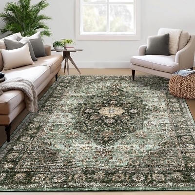 Vintage Floral Distressed Washable Rug - Soft, Stain-Resistant Low Pile Carpet with Non-Slip Backing for Bedroom, Living Room & Office