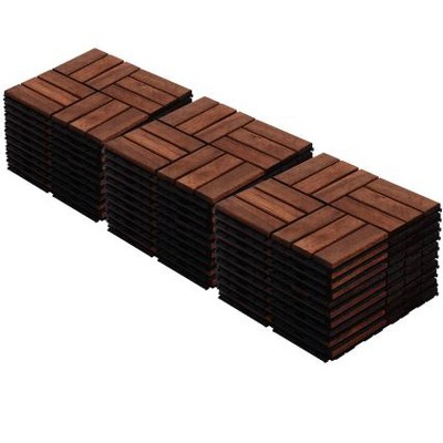 Acacia Wood Interlocking Deck Tiles - 12"x12" Brown Checker Pattern Outdoor Flooring for Patio, Balcony & Poolside
