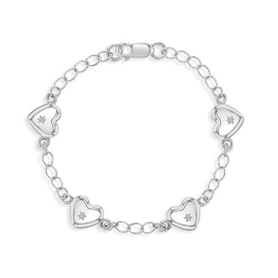 Diamond Tween Size Heart Charm Bracelet, Silver with 14K, 6.75 Inches