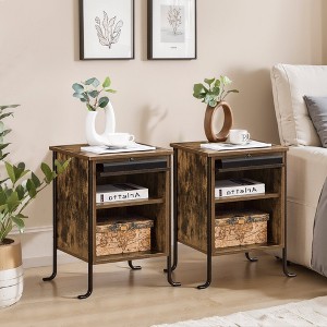VECELO Nightstand with Pull-Out Tray and 2 Tier Storage Shelf, Steel Frame Side/End Table for Small Spaces, Brown - 1 of 4