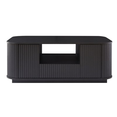 Vynxaria Modern Luxury Oval Coffee Table, 46.5"L×27.2"W×17.7"H, Black, 2 Drawers + 4-Door Hidden Storage + Open Shelf, Curved Contour