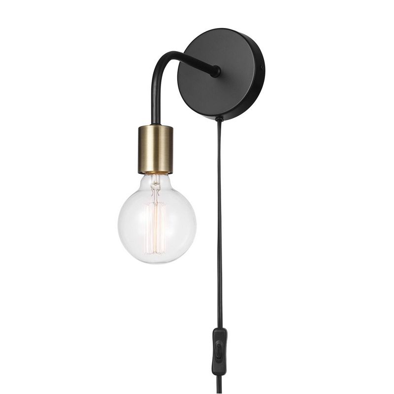 Holden 1-Light Long Arm Matte Black Plug-In or Hardwire Wall Sconce with Brass Socket - Globe Electric, 5 of 8