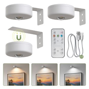 DORESshop White Round LED Picture Lights, 3 Pack Wireless Wall-Mounted Art Lights, Dimmable with Remote Timer for Paintings - 1 of 4