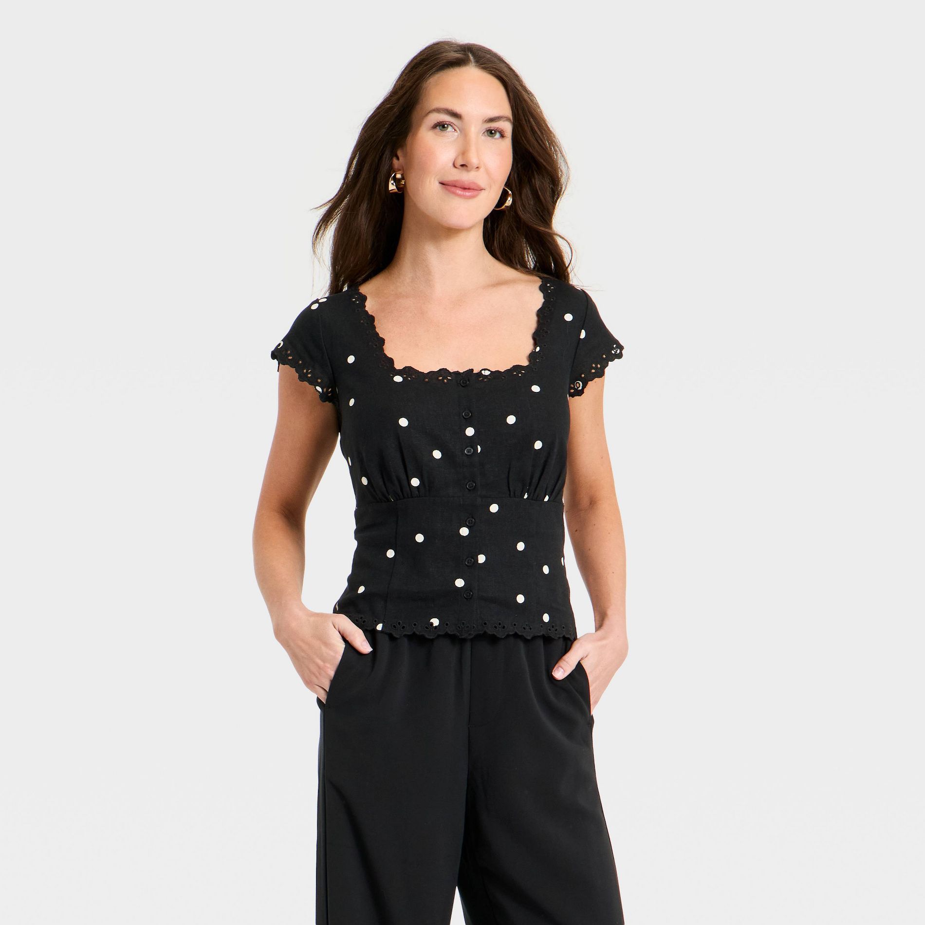 Women's Button-Front Scalloped Hem Top - A New Day™