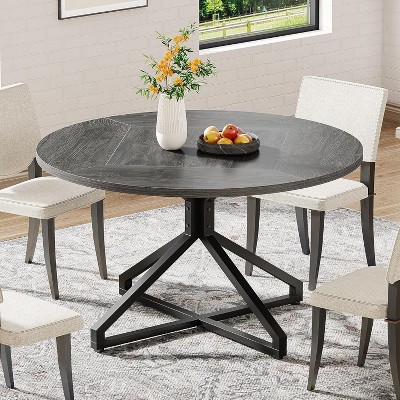 47-Inch Gray Wood Round Dining Table with Metal Pedestal Base