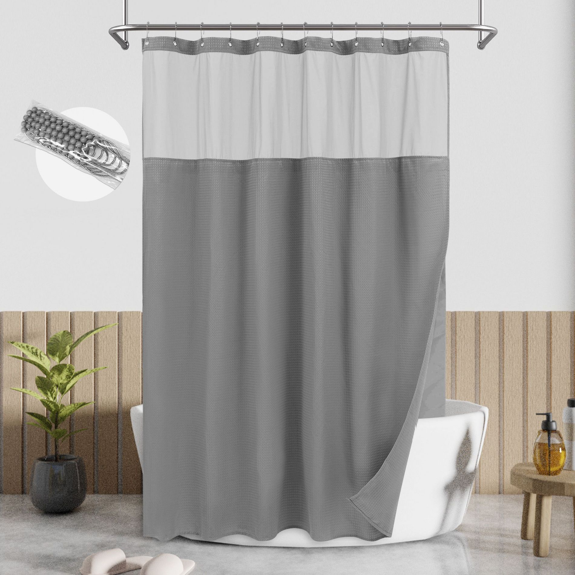 Textured Waffle Weave Shower Curtain with Snap In Liner and 12 Hooks
