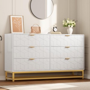 Dresser for Bedroom, 53.5" Large Dresser Organizer, 6 Drawer with Golden Metal Handle and Legs, Modern Chest of Drawers, White Dressers with Drawers - 1 of 4