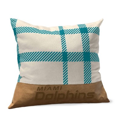 NFL Miami Dolphins Farmhouse Plaid Faux Leather Throw Pillow