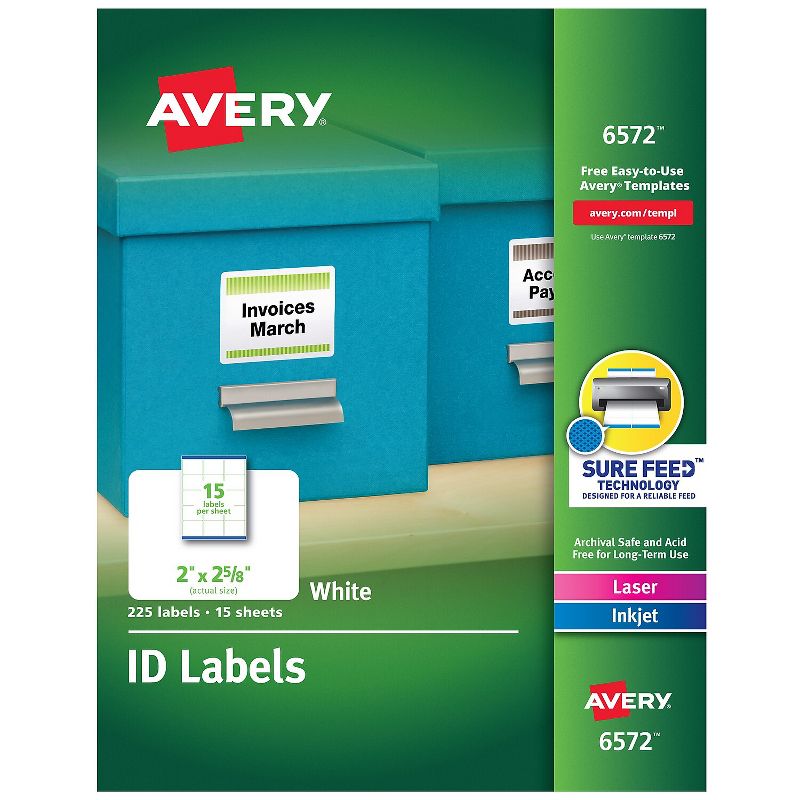 Avery Permanent ID Labels Inkjet/Laser 2 x 2 5/8 White 225/Pack 6572, 1 of 10