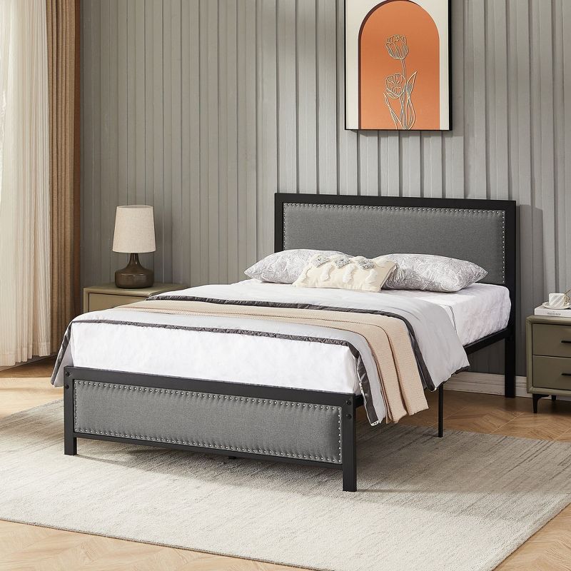 VECELO Metal Bed Frame with Linen Upholstered Headboard, Platform Bed with 12.6 in. Under Bed Storage and Nailhead, 3 of 12
