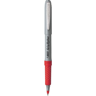 BIC Roller Glide Grip Ballpoint Pen with Metal Clip, 0.7 mm Fine Tip, Red Ink, Gray Barrel, pk of 12