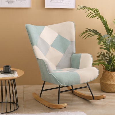 Vynxaria BLUE Accent Rocking Chair and Mid Century Fabric Rocker Chair with Wood Legs and Patchwork Linen for Livingroom Bedroom