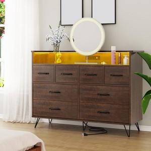 Dresser with Light, Charging Station, 8 Drawers Wooden Dressers,  Vintage Chest of Wide Drawers for Bedroom, Living Room, Entryway, Hallway - 1 of 4