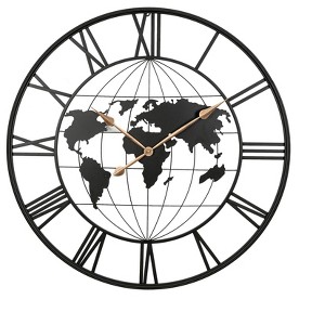 36 Inch Large Black Metal Silent World Map Wall Clock with Gold ...