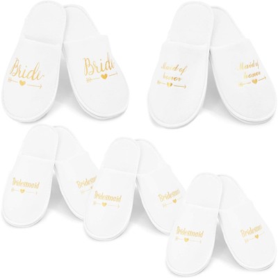 Sparkle and Bash 5 Pairs Bridesmaids Wedding Spa Slippers for Bride to Be, Bridesmaid, Bridal Shower, Party Gifts, White & Gold