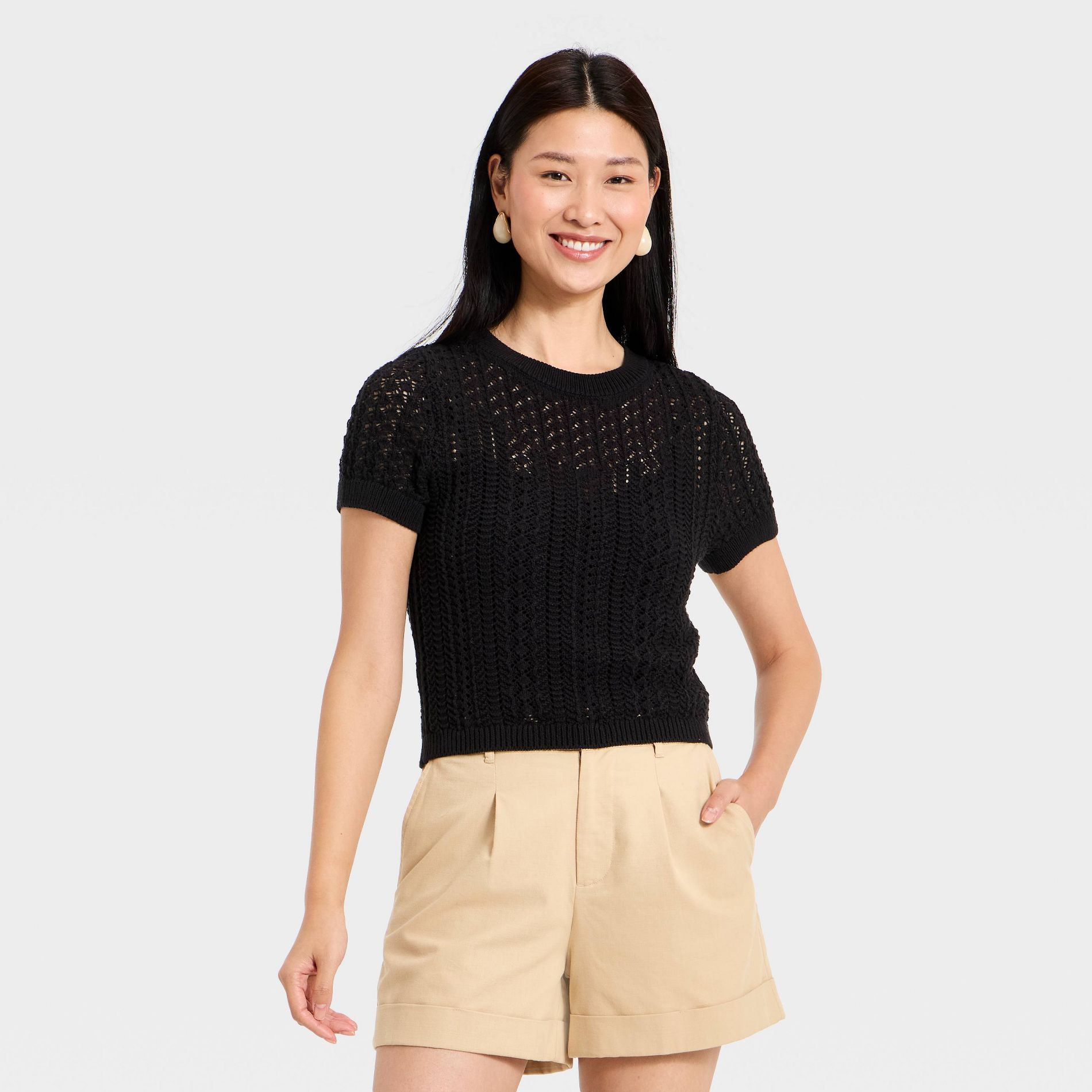 Women's Short Sleeve Crochet Sweater Top - A New Day™