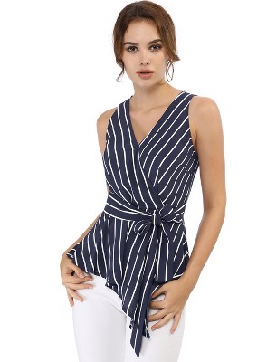 Allegra K Women's Sleeveless V Neck Tie Waist Asymmetric Hem Wrap Peplump Tops