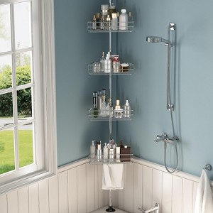 Tension Pole Shower Caddy, Corner Shower Storage System with 4 Baskets, Rust-Resistant Bathroom Organizer Shelves, Shower Rack Adjustable Heights - 1 of 4