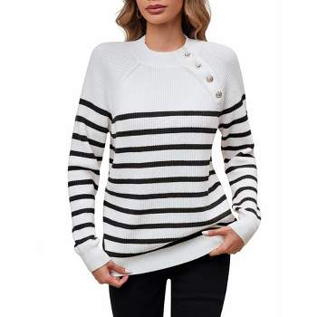 Whizmax Striped Long Sleeve Crew Neck Ribbed Knit Side Slit Oversized Pullover Sweater Jumper Top