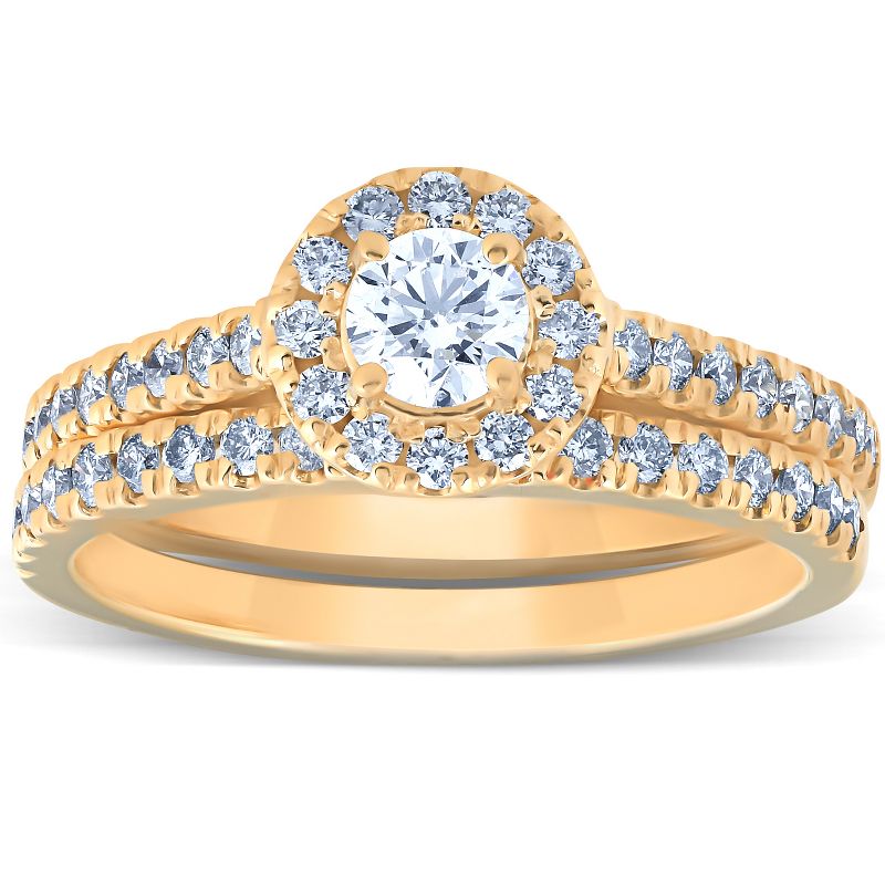 Pompeii3 1Ct Halo Lab Created Diamond Engagement Matching Wedding Ring Set 14k Yellow Gold, 1 of 6