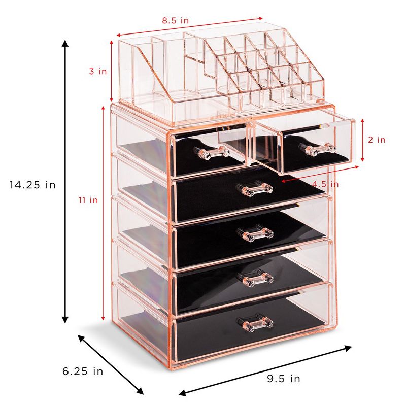Sorbus 2 Piece Acrylic Makeup and Jewelry Storage Organizer Case (6 Drawers and Lipstick Tray), 5 of 8