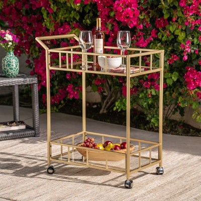 Outdoor Metal Mobile Bar Cart,Patio Serving Cart With Tempered Glass Shelves,Kitchen Cart With Wheels For Kitchen Dining Room-Coolbibila