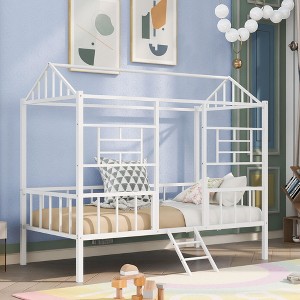NicBex Twin Size Loft Bed Classic House Shape Metal Bed Frame with Inclined Ladder and Full Length Guardrail, No Box Spring Required - 1 of 4