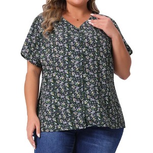 Agnes Orinda Women's Plus Size V-Neck Single Breasted Floral Print Blouses - 1 of 4