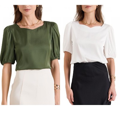 INSPIRE CHIC Women's Work Elegant Sweetheart Neck Half Puff Sleeve Office Work Satin Blouse 2 Packs