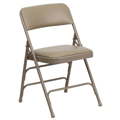 Beige Vinyl Metal Folding Chair with Padded Seat and Triple Braced Frame