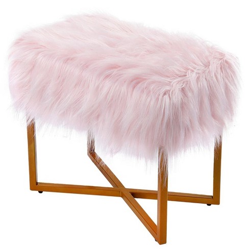 Birdrock Home Rectangular Pink Faux Fur Foot Stool Ottoman With Gold Legs Target