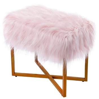 BirdRock Home Rectangular Pink Faux Fur Foot Stool Ottoman with Gold Legs