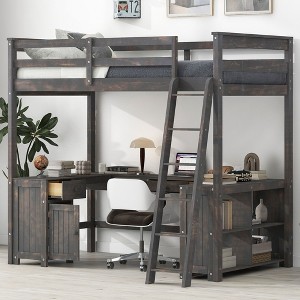 NicBex Full Size Bunk Bed with Desk Wooden Bed Frame with cabinet, Shelves, Drawers, Inclined Ladder and Guardrail, No Box Spring Required, Brown - 1 of 4