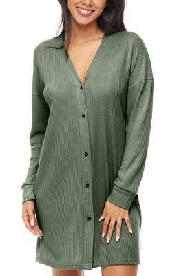Adr Women's Long Sleeve Ribbed Knit Nightshirt, Button Up V-neck  Sleepshirt, Pajama Thermal Underwear Top Green Large : Target