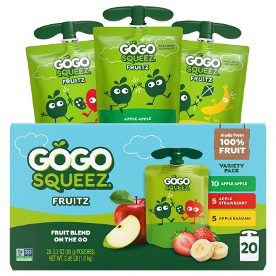 GoGo squeeZ Applesauce and Fruit Puree Variety Pack, Apple, Banana & Strawberry - 3.2oz/20ct