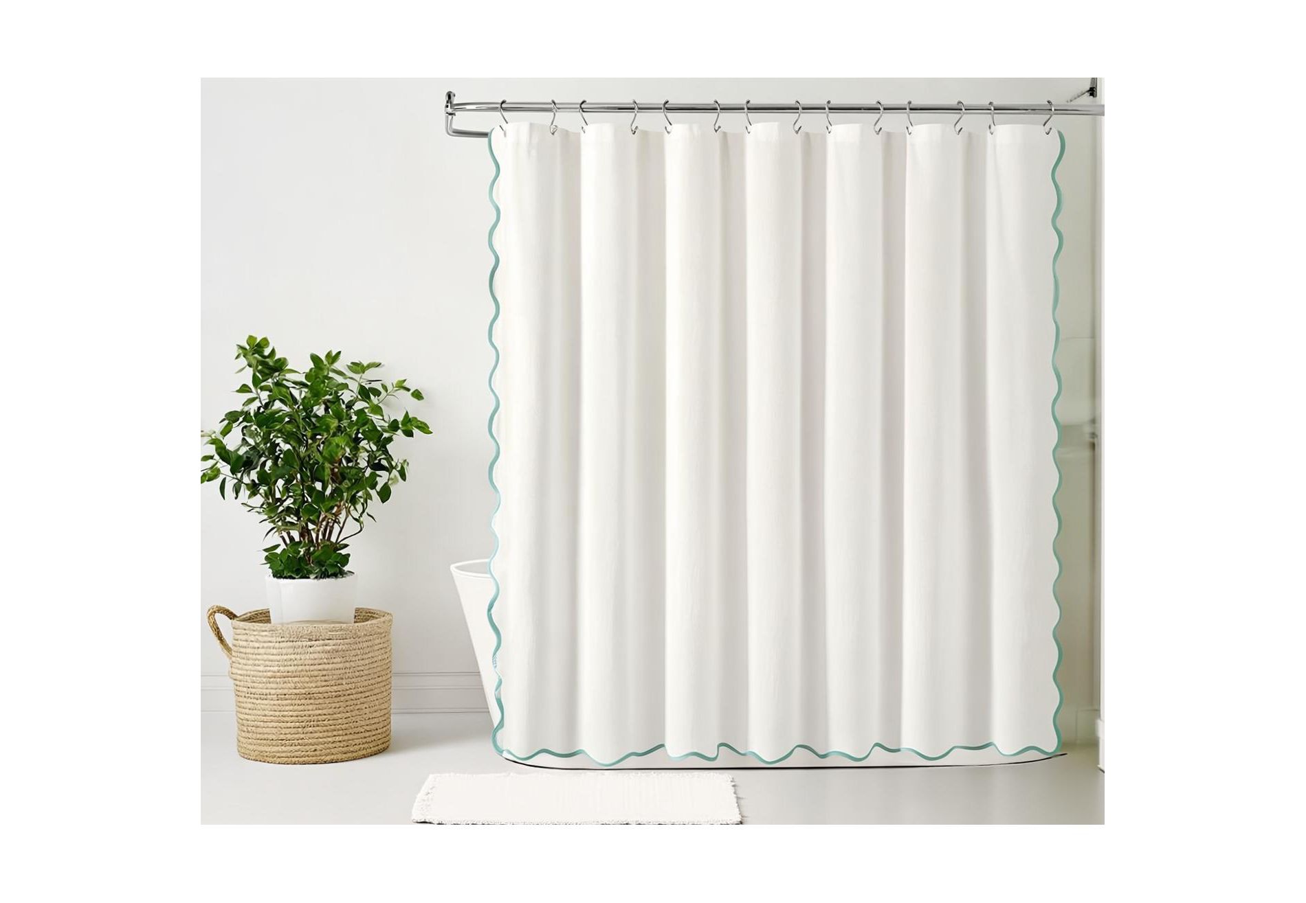 Recycled Cotton Scallop Edge Blue Trim White Shower Curtain - 72"x72"