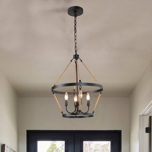 LNC Mocha Farmhouse Wagon Wheel Small Tiered Chandelier, Matte Black with Hemp Rope,16in/17.5in - 1 of 4