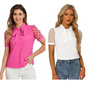 INSPIRE CHIC Women's Bow Tie V Neck Stand Collar Short Mesh Sleeve Blouse 2 Packs - 1 of 4
